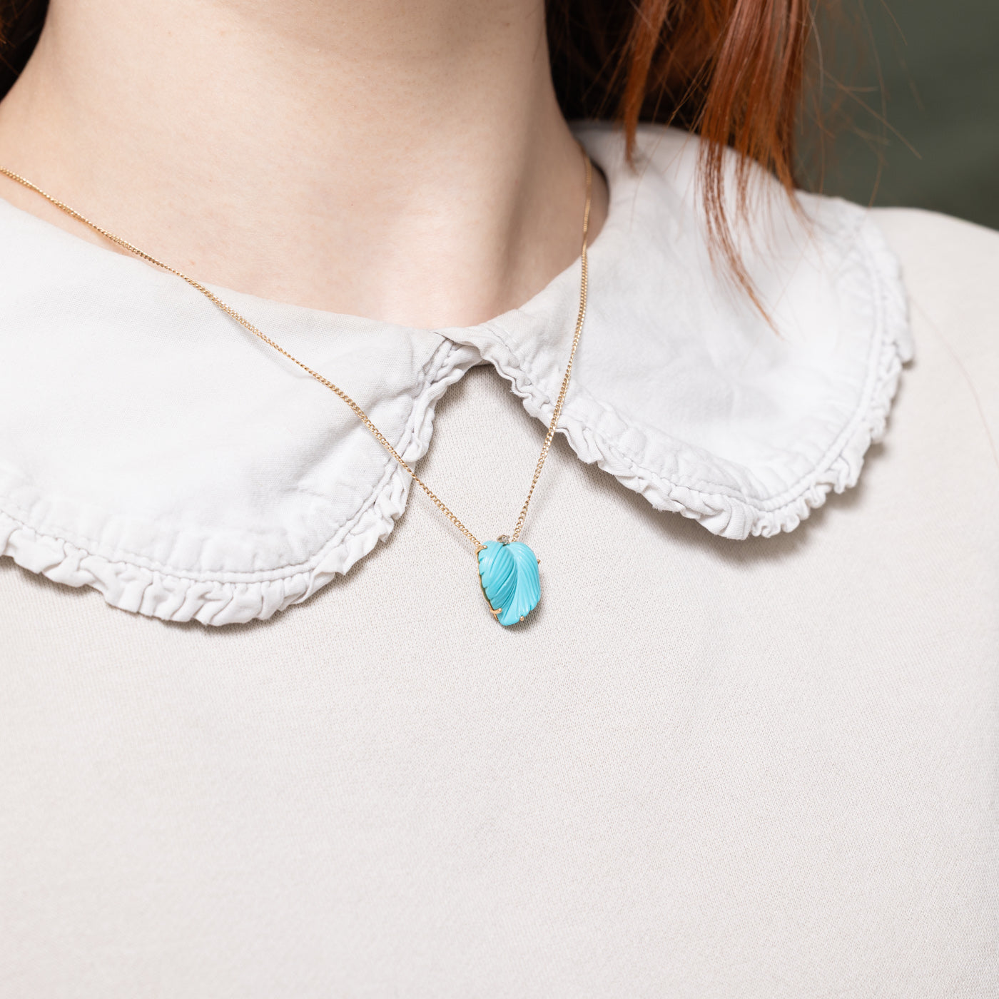 Pendentif cœur feuille en turquoise 14 carats et diamants | 5,00 ct, 0,02 ct