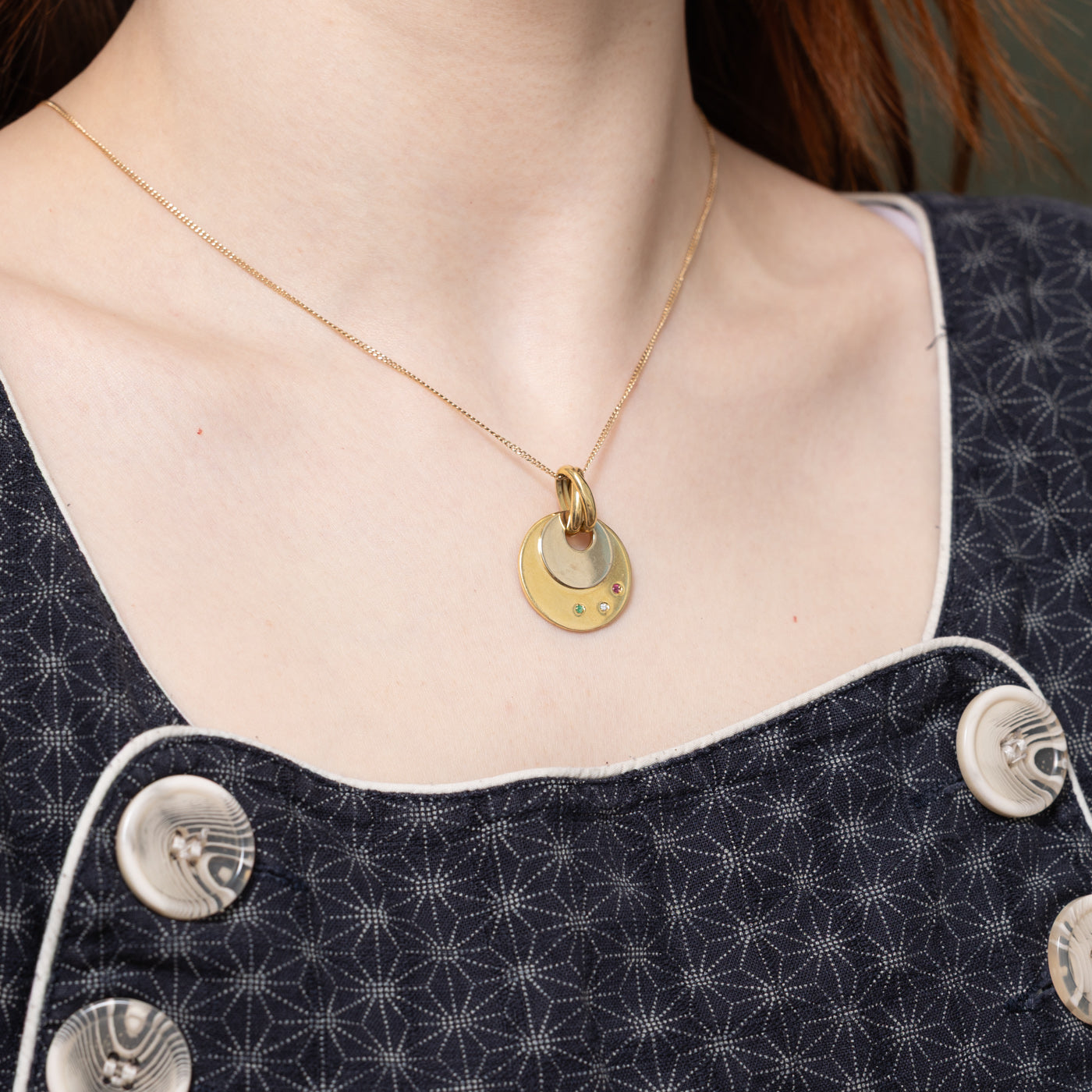 18k Two Tone Multi Gemstone Circle Pendant | 0.03ctw, 0.01ct