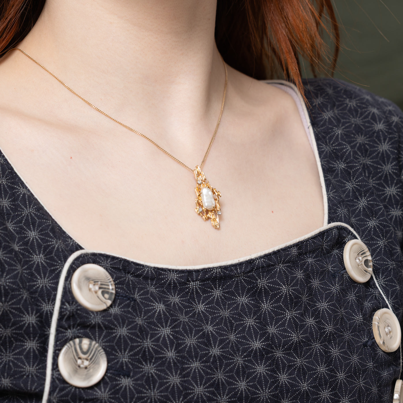 14K Baroque Pearl & Diamond Textured Abstract Pendant | 0.10ctw