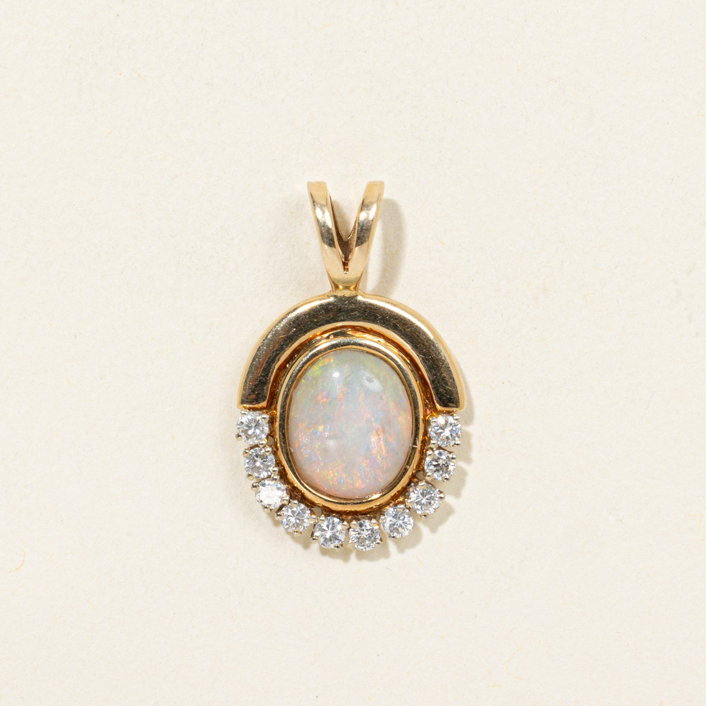14K Cabochon Opal & Diamond Half Halo Pendant | 1.50ct, 0.30ctw