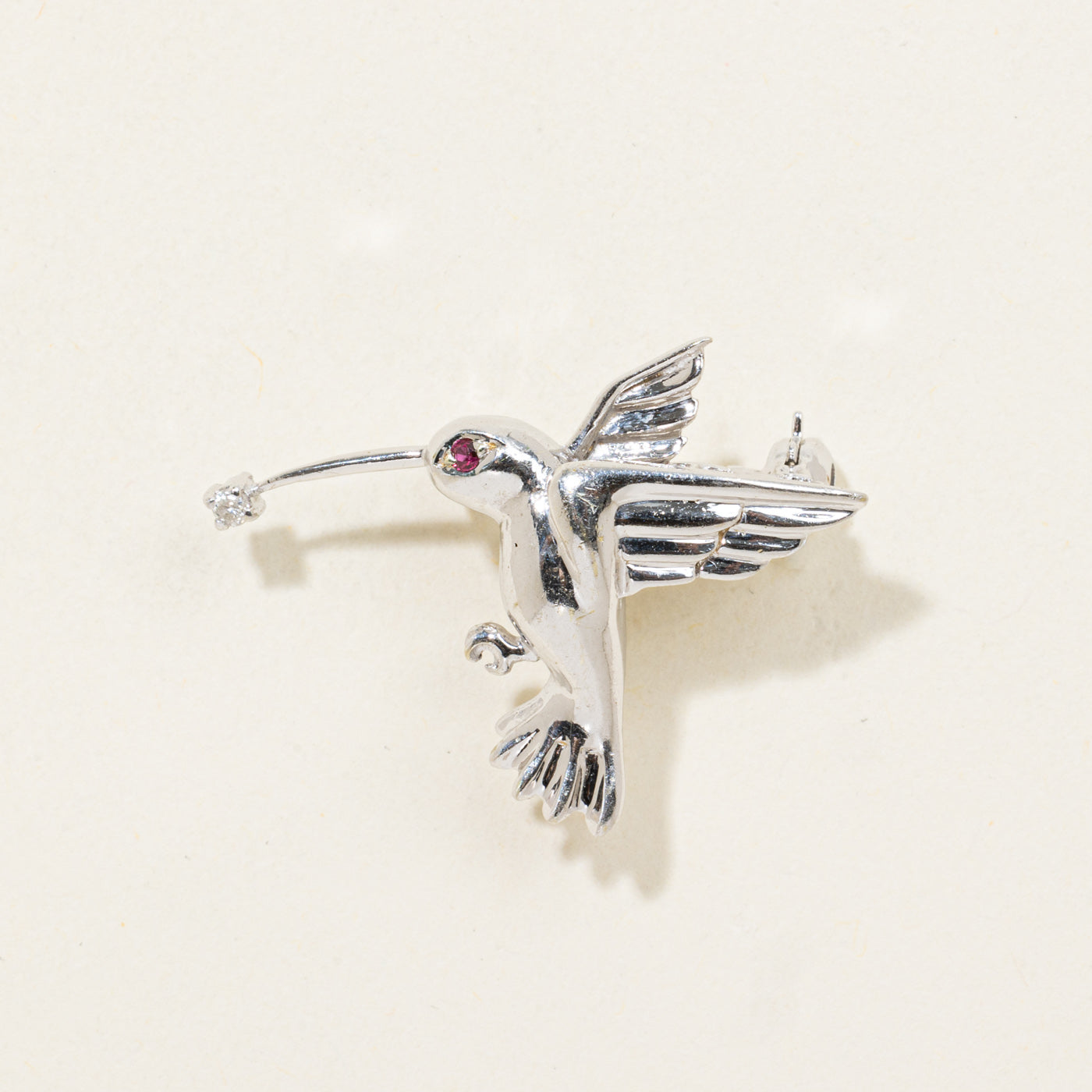 14K Diamond & Ruby Hummingbird Brooch | 0.02ct, 0.01ct