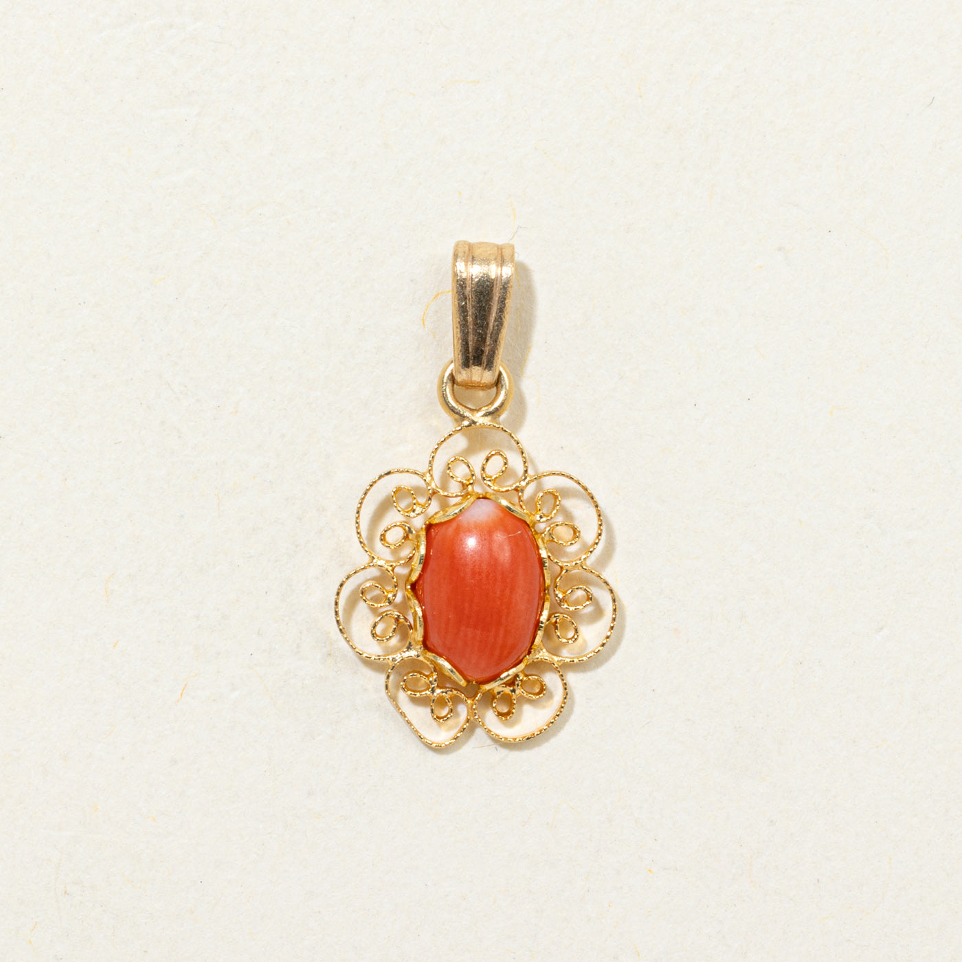 14K Cabochon Coral Filigree Pendant | 0.50ct