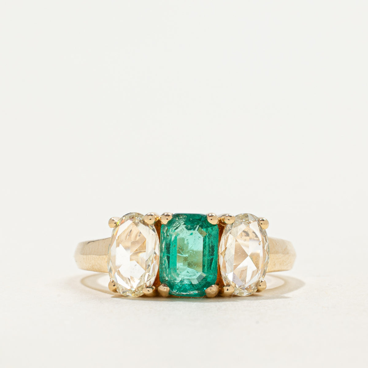 '100 Ways' 9k Three Stone Emerald & Rose Cut Diamond Ring | 0.69ct, 0.54ctw | SZ 5.75