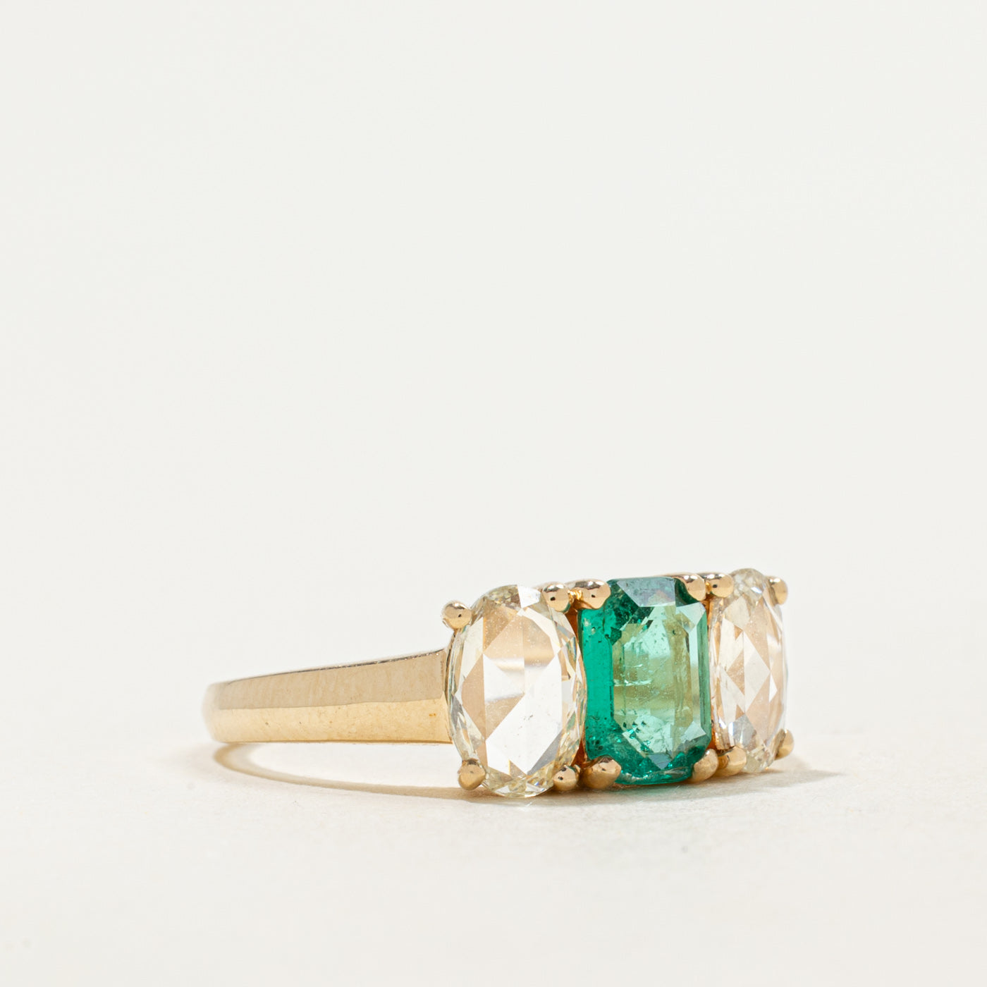 '100 Ways' 9k Three Stone Emerald & Rose Cut Diamond Ring | 0.69ct, 0.54ctw | SZ 5.75