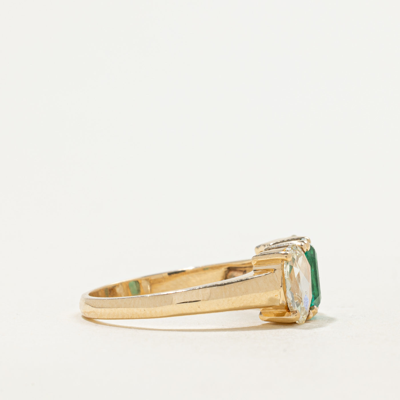 '100 Ways' 9k Three Stone Emerald & Rose Cut Diamond Ring | 0.69ct, 0.54ctw | SZ 5.75