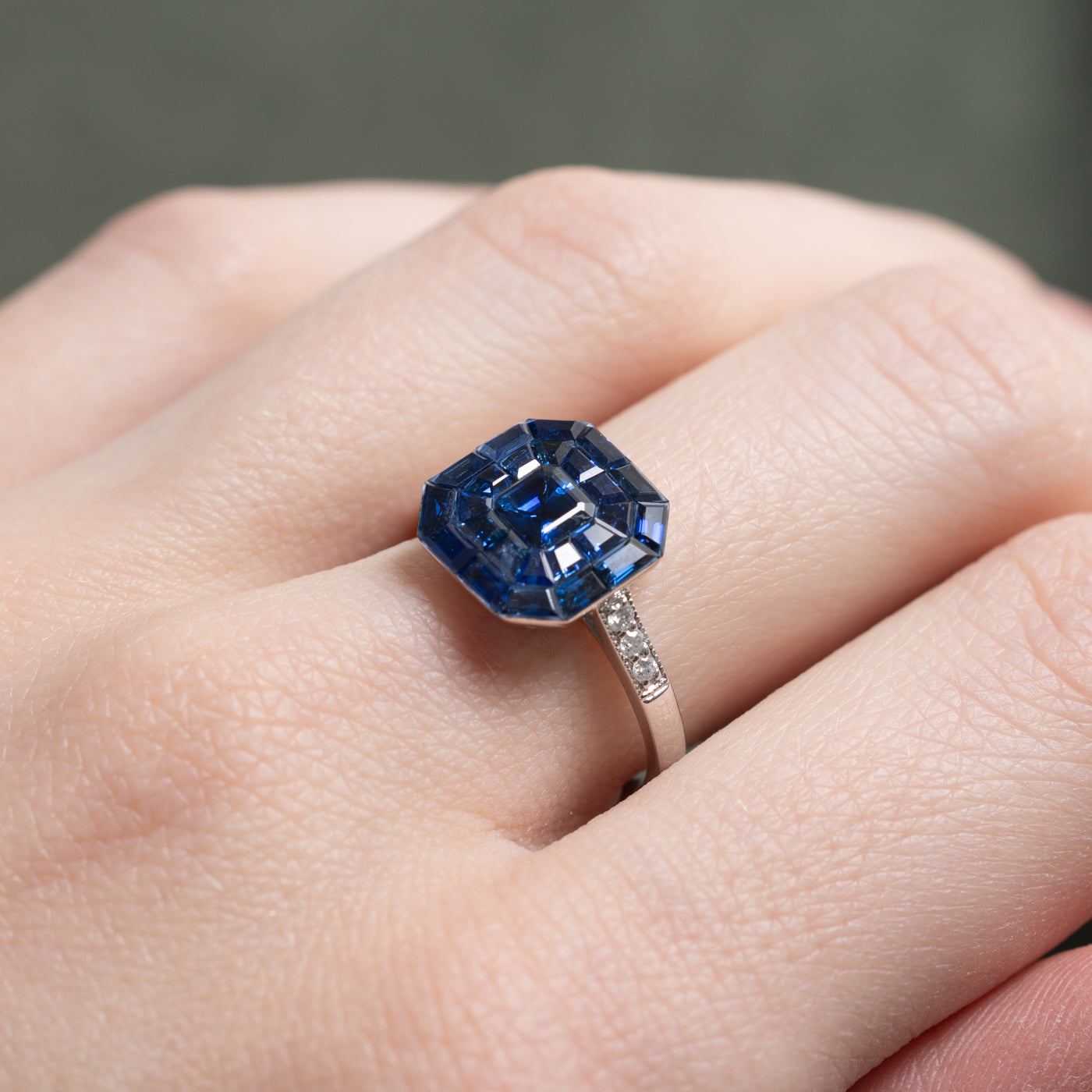 '100 Ways' Art Deco Inspired Invisible Set Sapphire & Diamond Ring | 4.1ctw, 0.09ctw | SZ 6.75 |