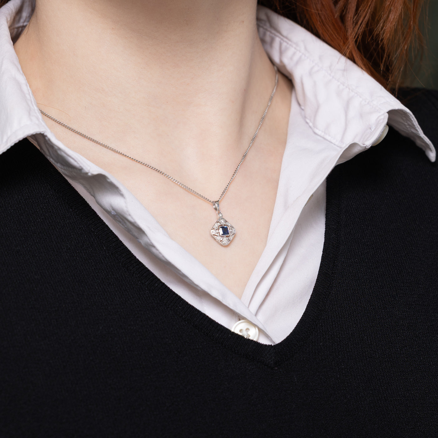 '100 Ways' Art Deco Inspired Sapphire & Diamond Pendant | 0.36ctw, 0.06ctw |