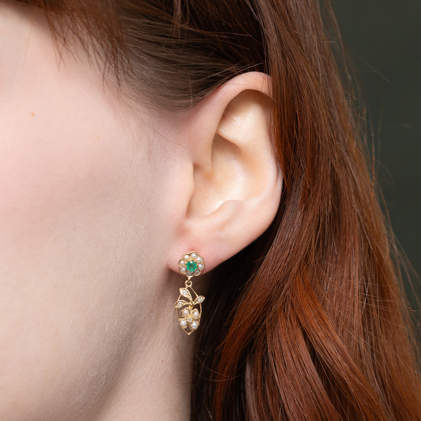 '100 Ways' Art Nouveau Inspired Emerald and Pearl Earrings