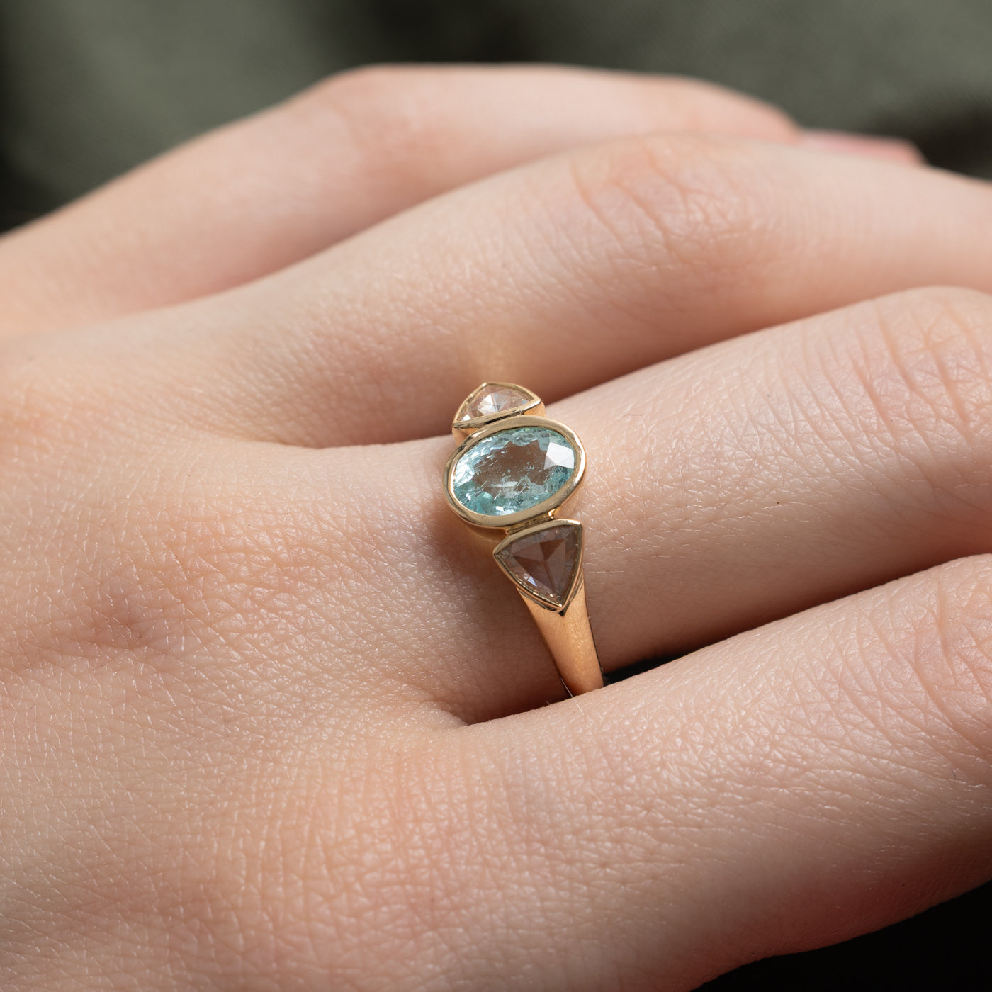 '100 Ways' 9k Yellow Gold Aquamarine & Rose Cut Diamond Accented Ring |1.13ct, 0.20ctw | SZ 7
