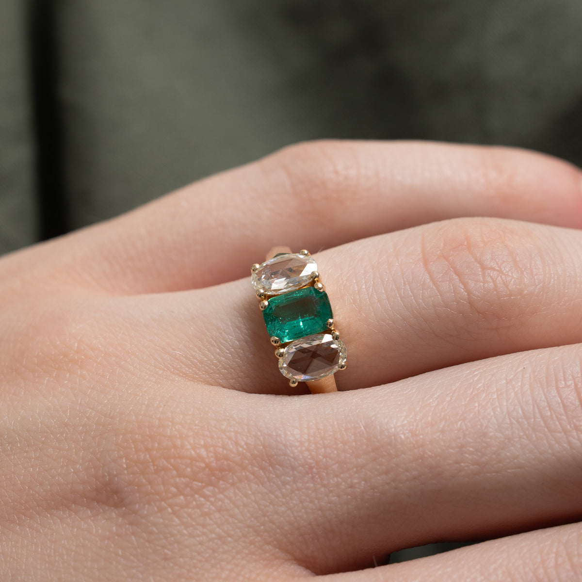 '100 Ways' 9k Three Stone Emerald & Rose Cut Diamond Ring | 0.69ct, 0.54ctw | SZ 5.75