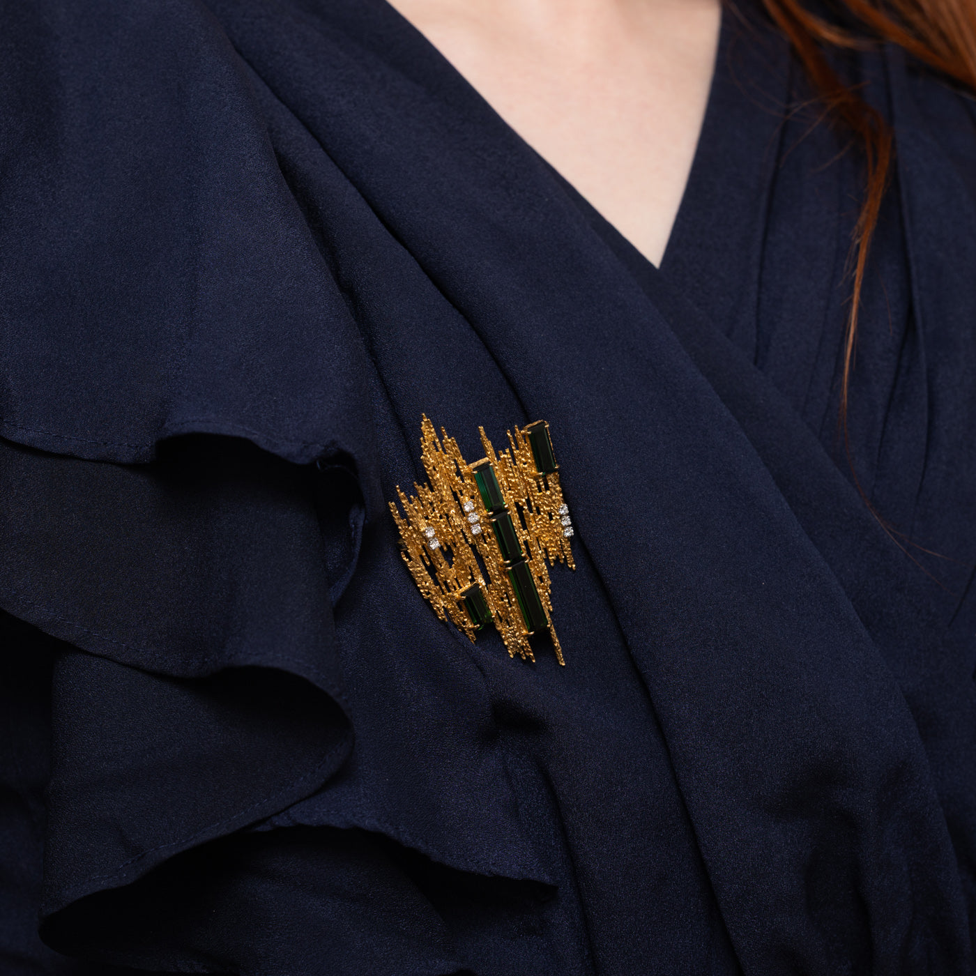 Vintage 'Andrew Grima' Green Tourmaline & Diamond Textured Brooch | 10.40ctw, 0.34ctw