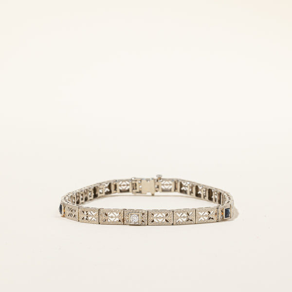 Vintage Natural Diamond & Synthetic Sapphire Line Bracelet | 0.08 ct, 0.16ctw | 7