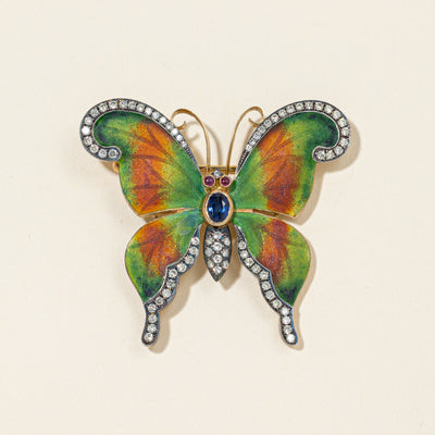 18K Yellow Gold Butter-fly Sapphire Ruby and Diamond Brooch | 0.75ctw, 0.10ctw, 1.00ctw