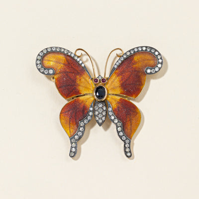 18K Yellow Gold Butterfly Sapphire Ruby and Diamond Brooch | 0.75ctw, 0.10ctw, 1.00ctw