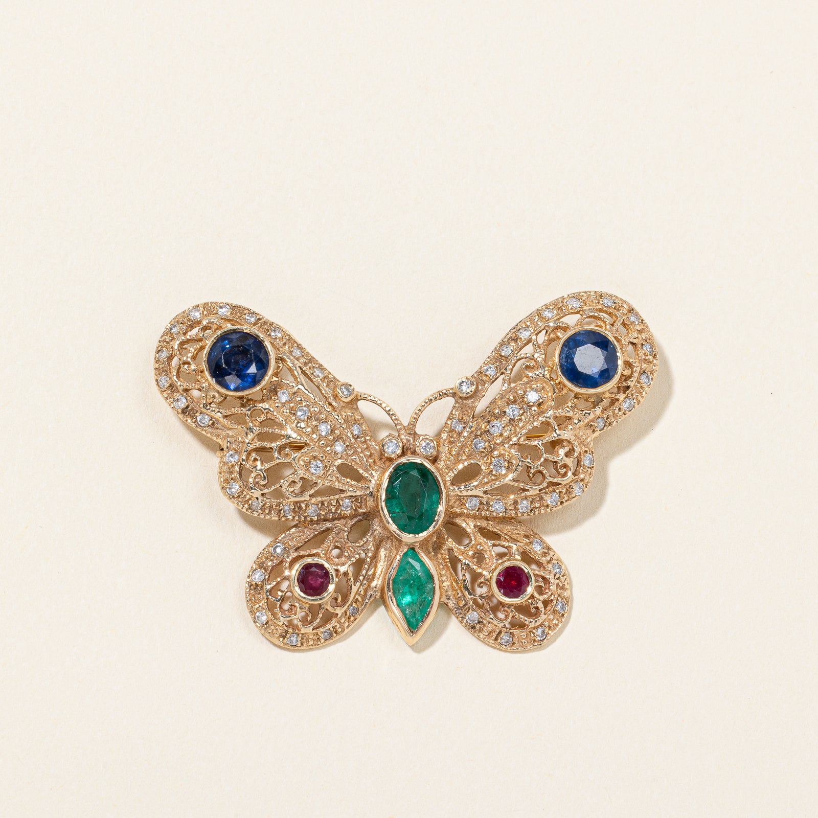 14K Yellow Gold Butterfly Motif Diamond Brooch | 3.30ctw, 0.61ctw