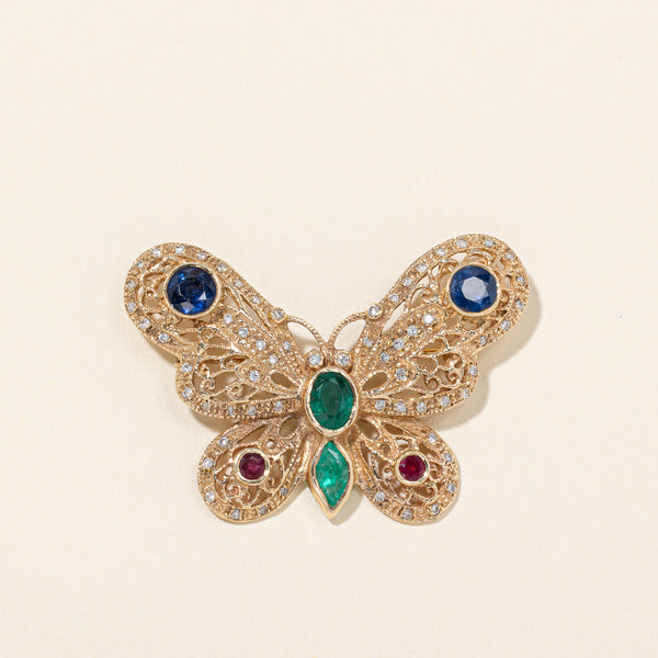 14K Yellow Gold Butterfly Motif Diamond Brooch | 3.30ctw, 0.61ctw