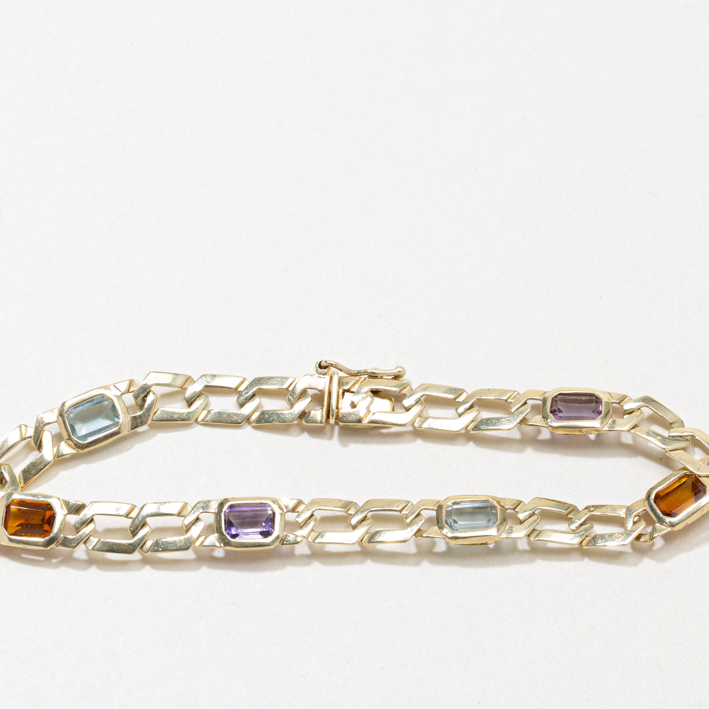 Six Stone Bezel Set Multi Gemstone Curb Link Bracelet | 7"