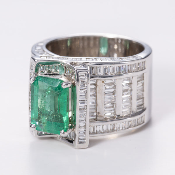 Emerald and Diamond 18k White Gold Ring | 2.78 ct, 2.66 ctw | Sz 7.5