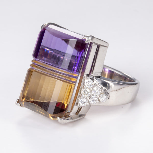 Carved Ametrine and Diamond Cocktail Platinum Ring | 27.38 ct, 0.40 ctw | Sz 6.5