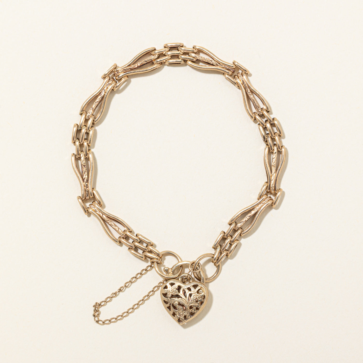 9k Yellow Gold Floral Heart Lock Charm Bracelet | 10"