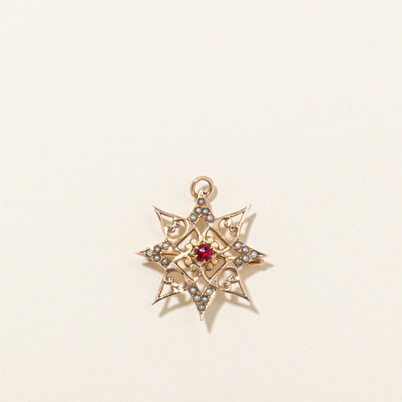 Red Glass & Seed Pearl Sunburst Convertible Pendant Brooch | 0.15ct