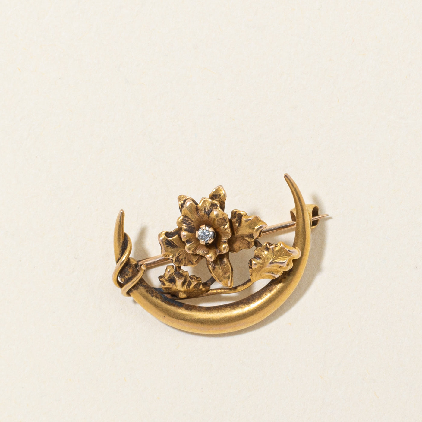 Art Nouveau Old Mine Cut Diamond Floral Crescent Moon Brooch | 0.02ct