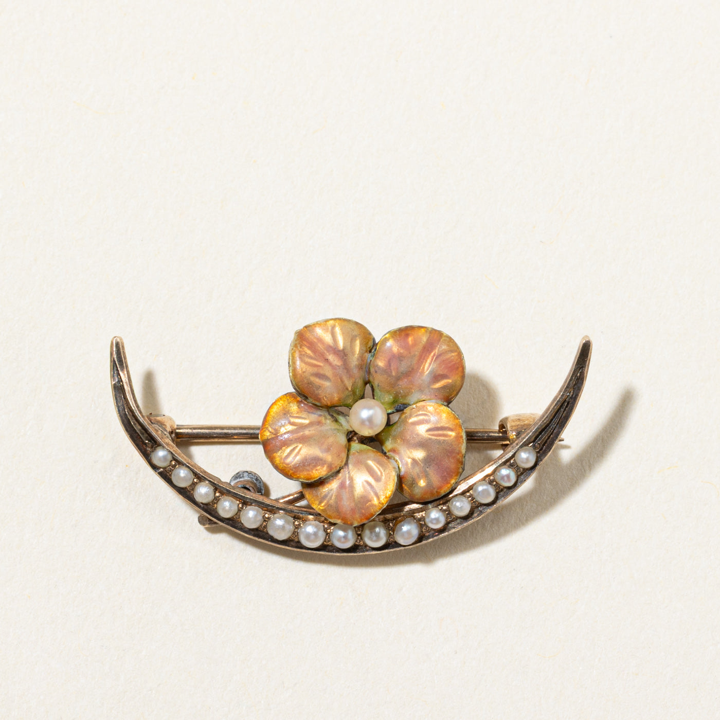 Victorian Crescent Flower Seed Pearl Brooch