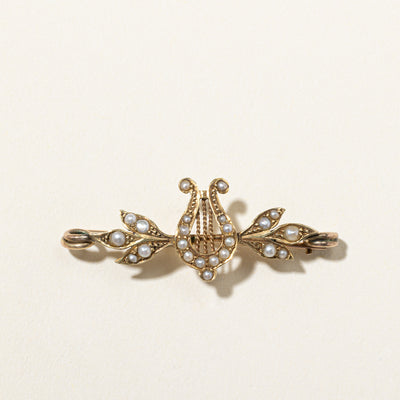 Edwardian Lyre Seed Pearls Brooch