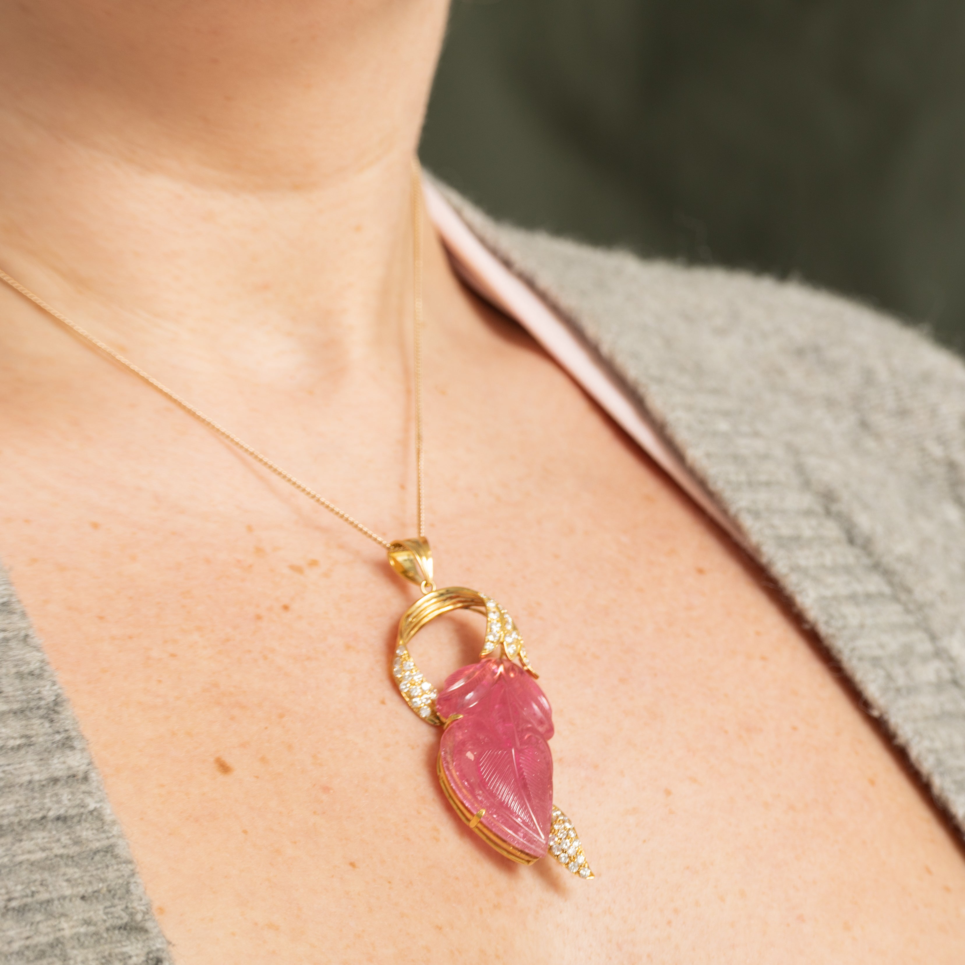 55ct Carved Pink Tourmaline & Diamond Pendant | 55.00ct | 1.00ctw |