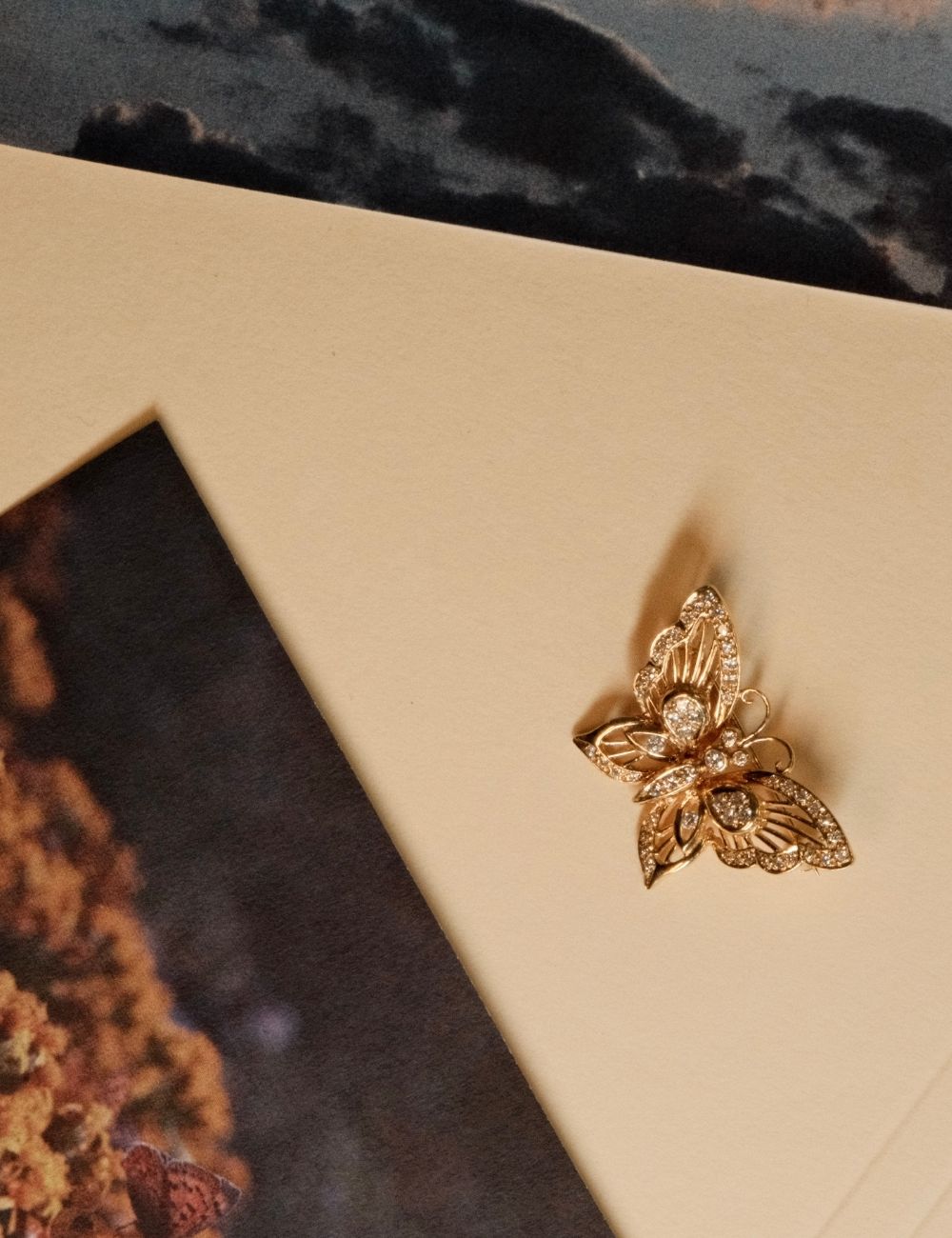 Flat lay of a preloved luxury brooch, featuring a detailed yellow gold butterfly brooch with diamond accents, curated for heirloom jewelry enthusiasts.