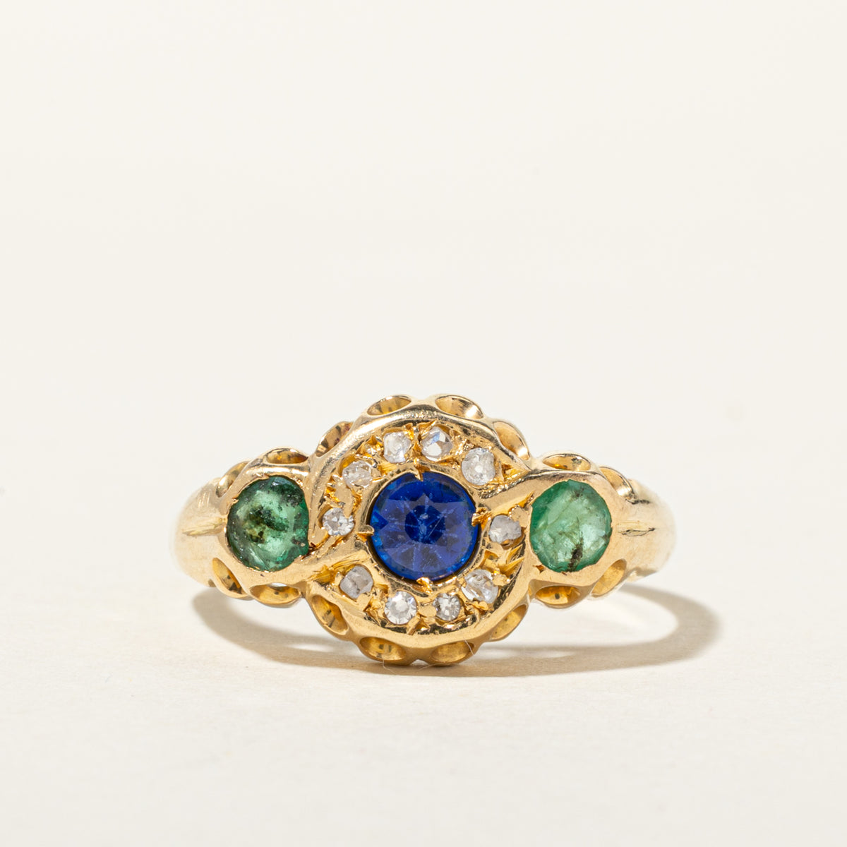 18k Emerald, Diamond & Pearl Halo Openwork Ring | 0.29ctw, 0.13ctw | SZ 6.75