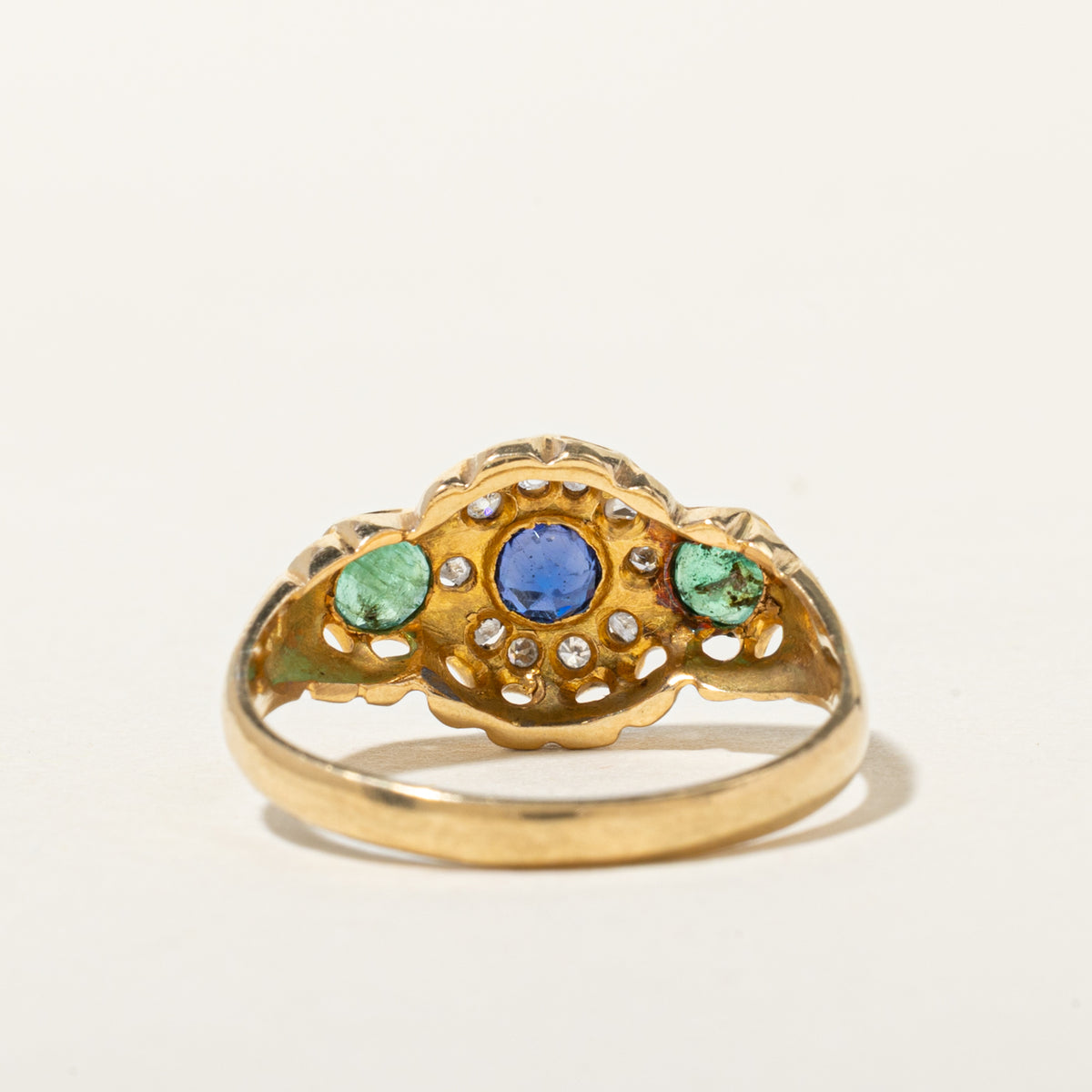 18k Emerald, Diamond & Pearl Halo Openwork Ring | 0.29ctw, 0.13ctw | SZ 6.75