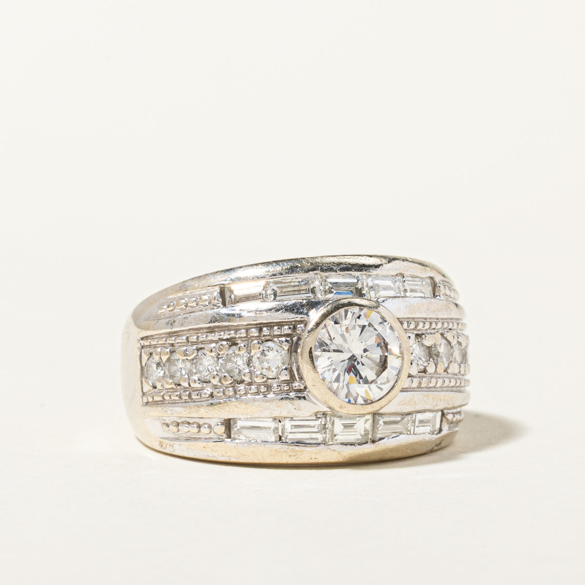 14k Bezel Set Diamond Milgrain Grooved Low Dome Ring | 1.94ctw | SZ 7.5