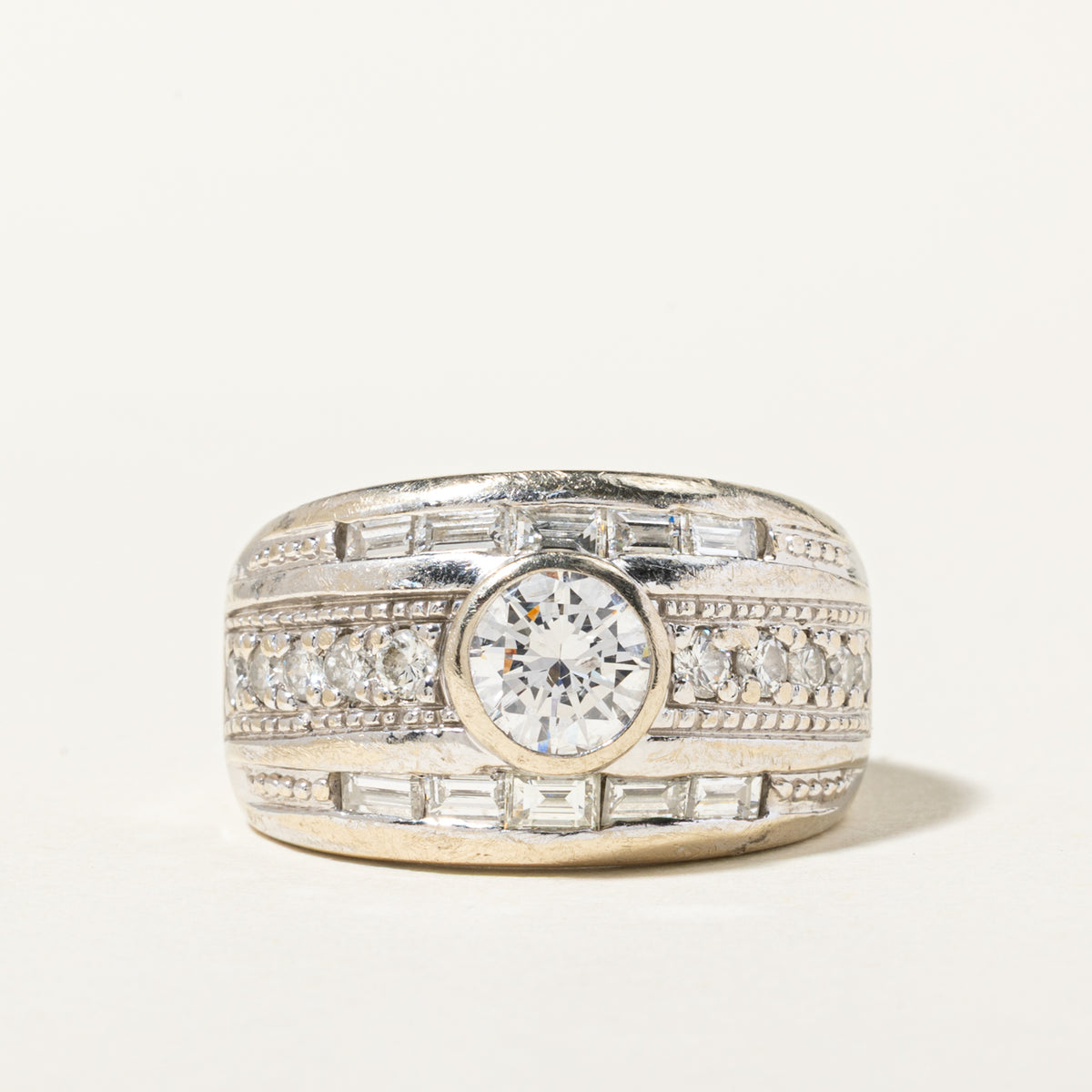 14k Bezel Set Diamond Milgrain Grooved Low Dome Ring | 1.94ctw | SZ 7.5