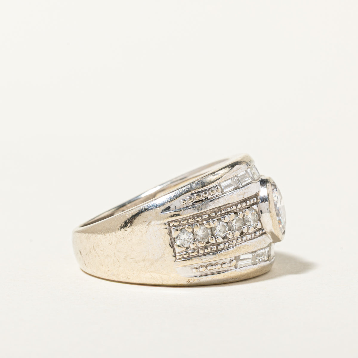 14k Bezel Set Diamond Milgrain Grooved Low Dome Ring | 1.94ctw | SZ 7.5