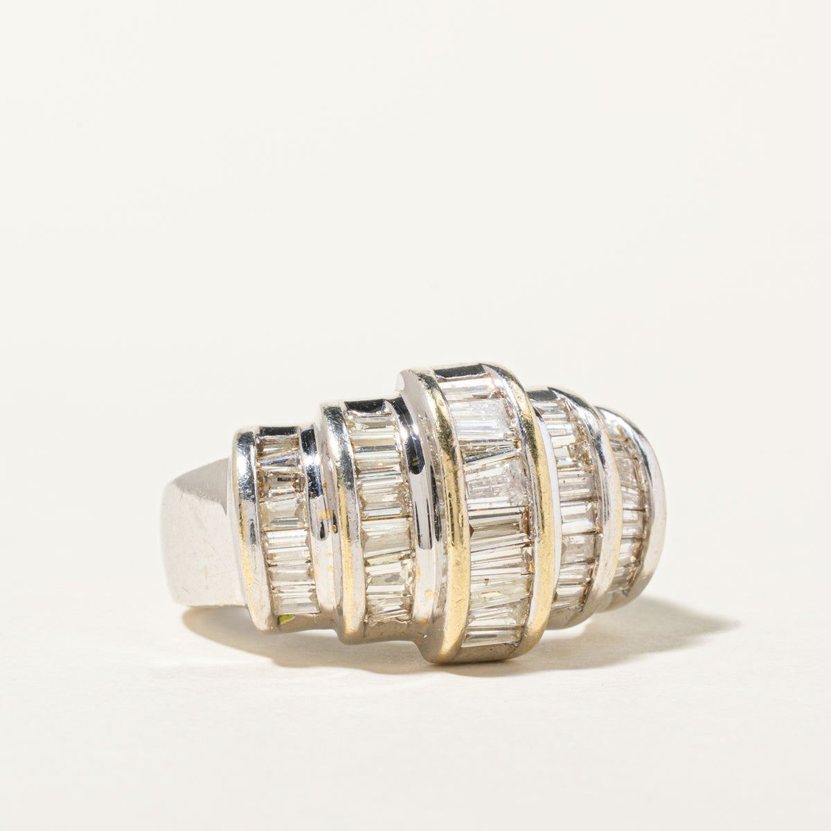 14k Multi Row Baguette Cut Diamond Grooved Dome Ring | 1.47ctw | SZ 7.25