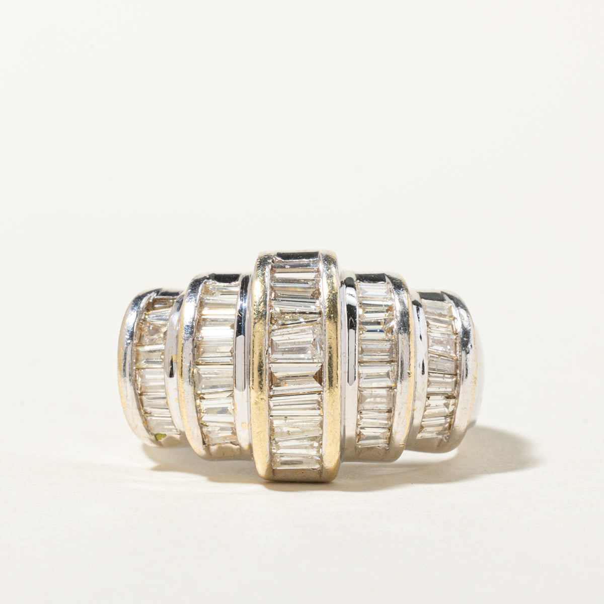14k Multi Row Baguette Cut Diamond Grooved Dome Ring | 1.47ctw | SZ 7.25