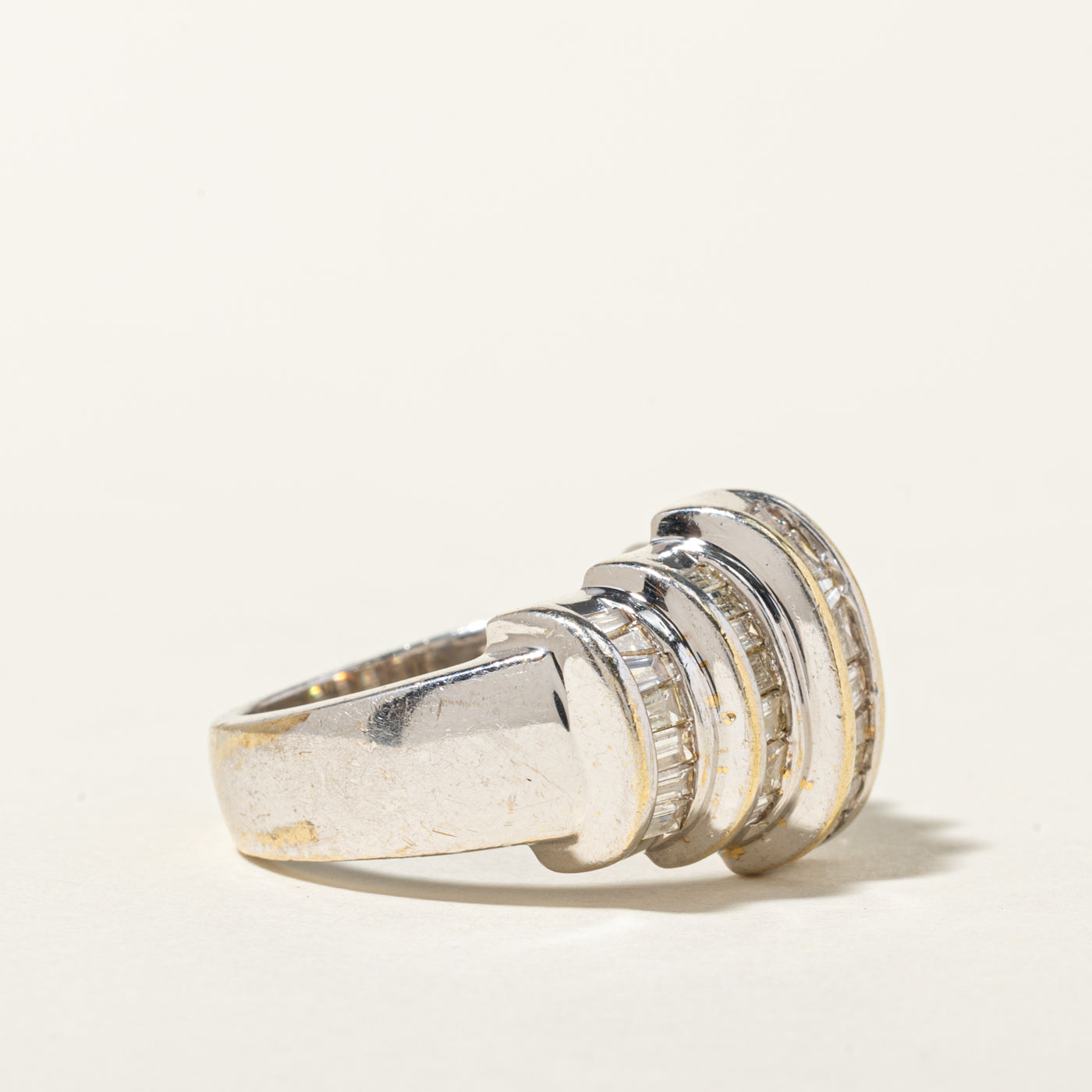 14k Multi Row Baguette Cut Diamond Grooved Dome Ring | 1.47ctw | SZ 7.25