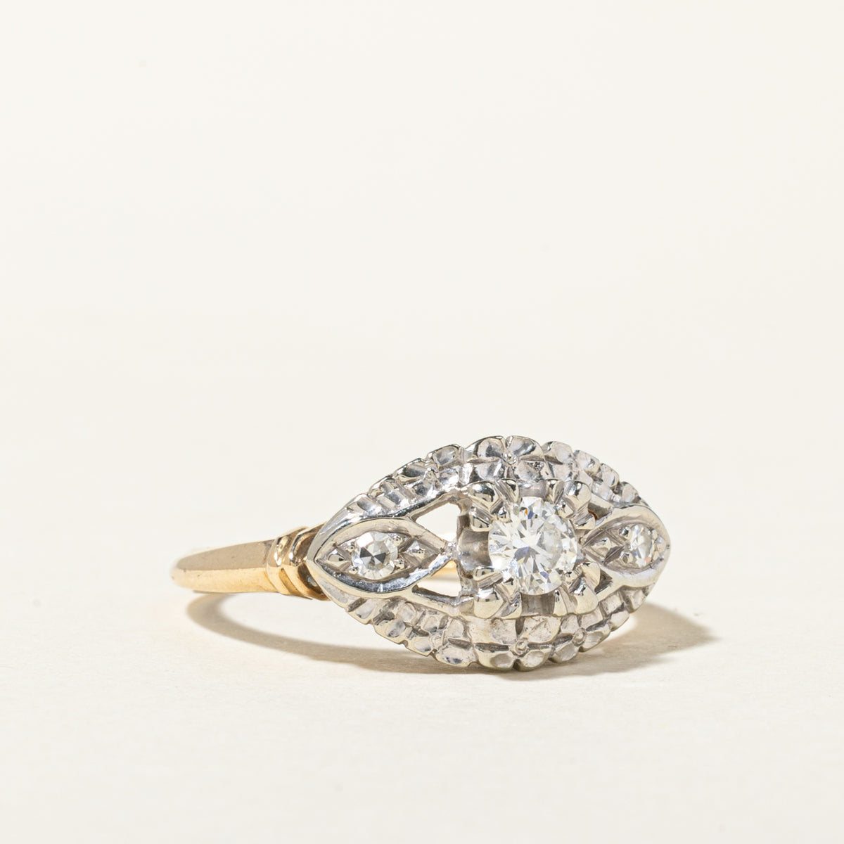Vintage Canadian Two Tone Illusion Set Diamond Openwork & Scalloped Engagement Ring | 0.30ctw | SZ 7