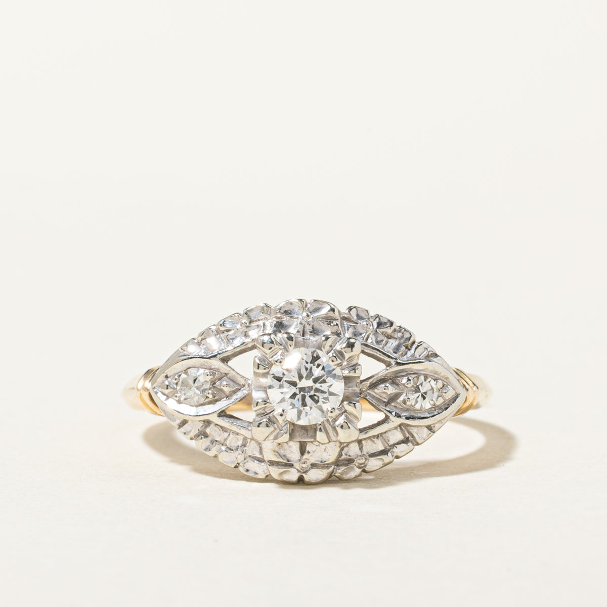 Vintage Canadian Two Tone Illusion Set Diamond Openwork & Scalloped Engagement Ring | 0.30ctw | SZ 7