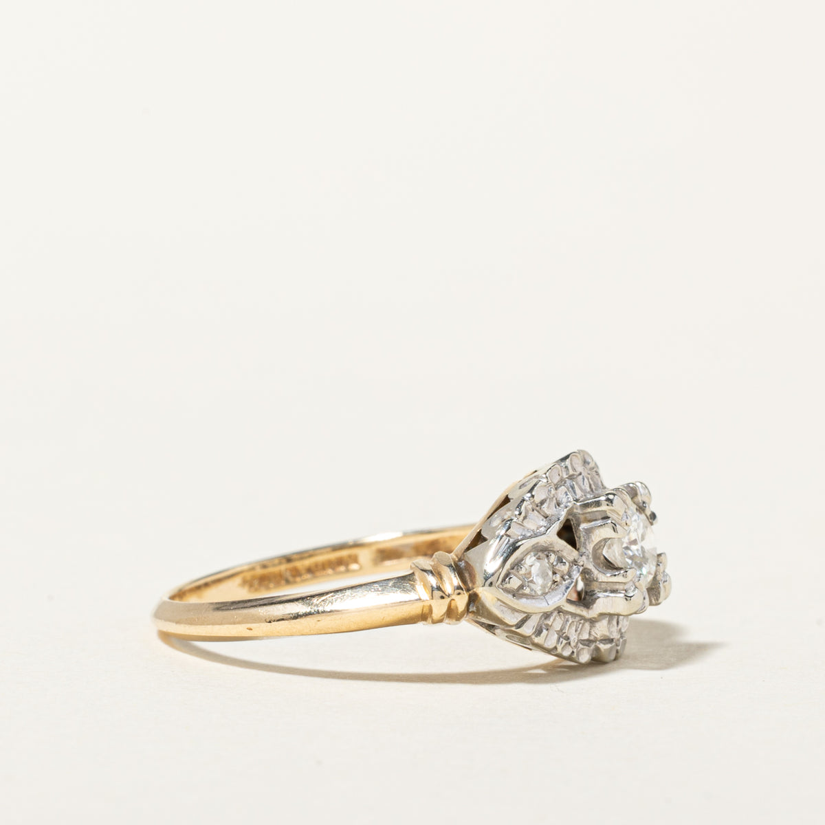 Vintage Canadian Two Tone Illusion Set Diamond Openwork & Scalloped Engagement Ring | 0.30ctw | SZ 7
