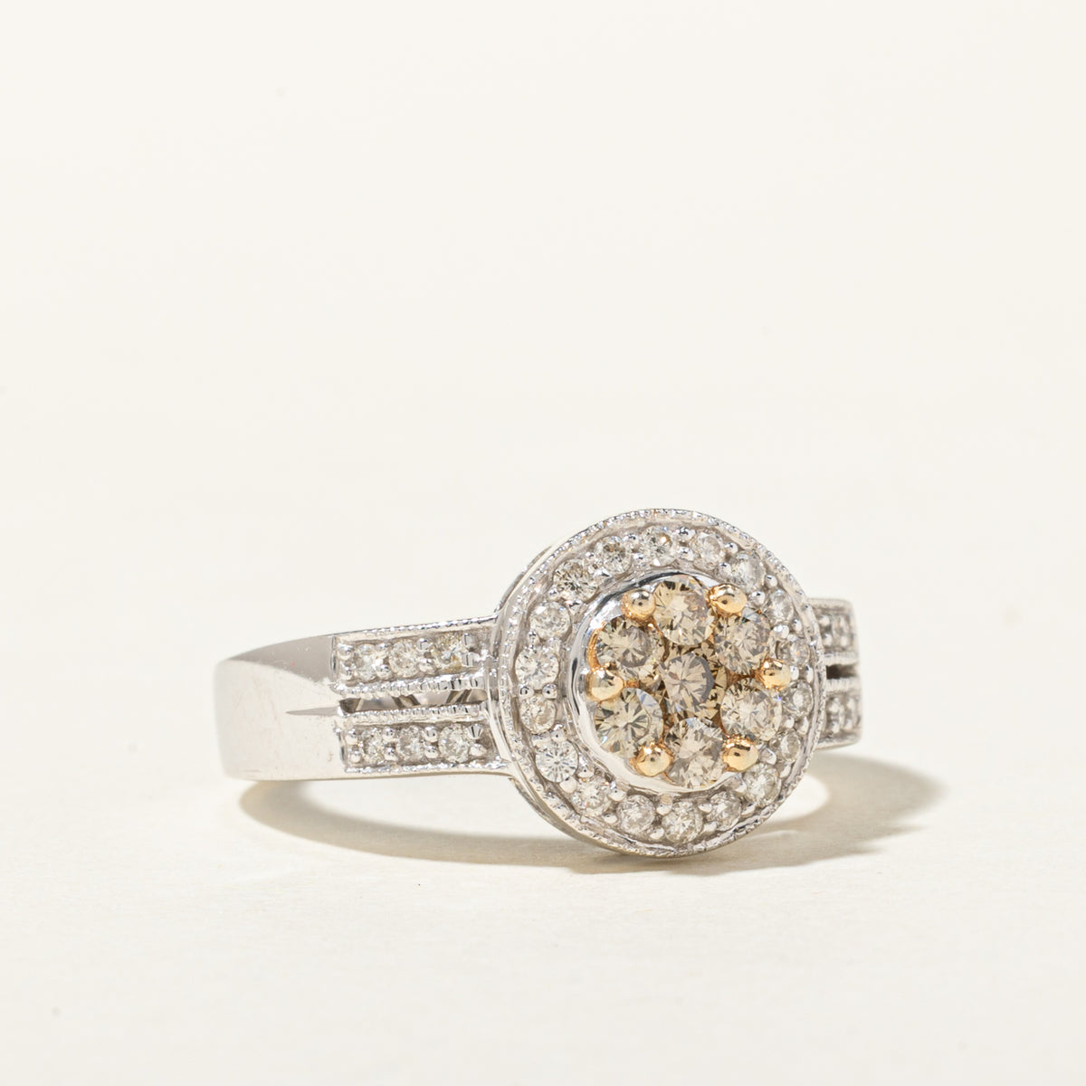 14k Pave Set Brown & White Diamond Cluster Halo Ring | 0.55ctw | SZ 7