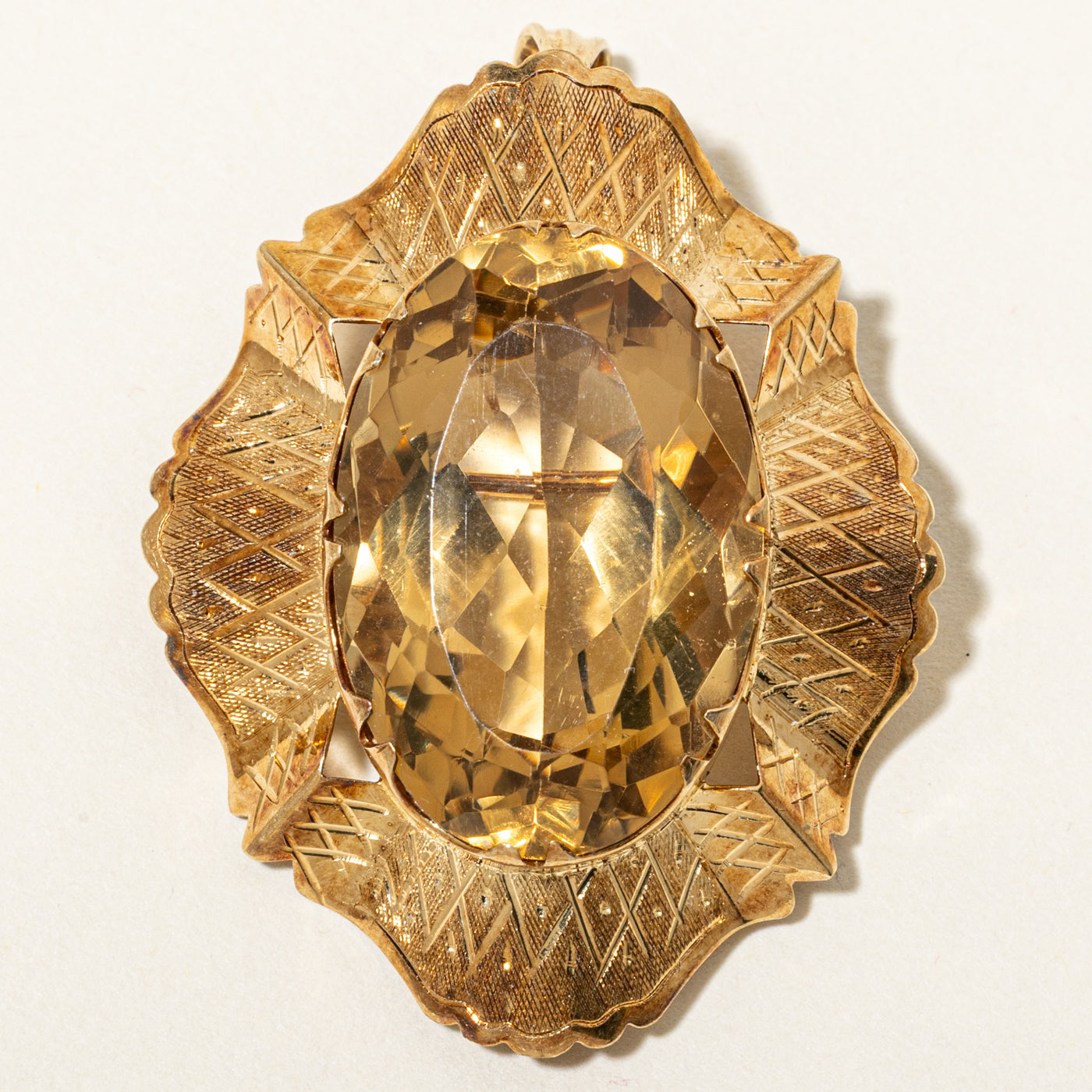 14k Solitaire Citrine & Pearl Engraved Ornate Brooch | 28.20ct