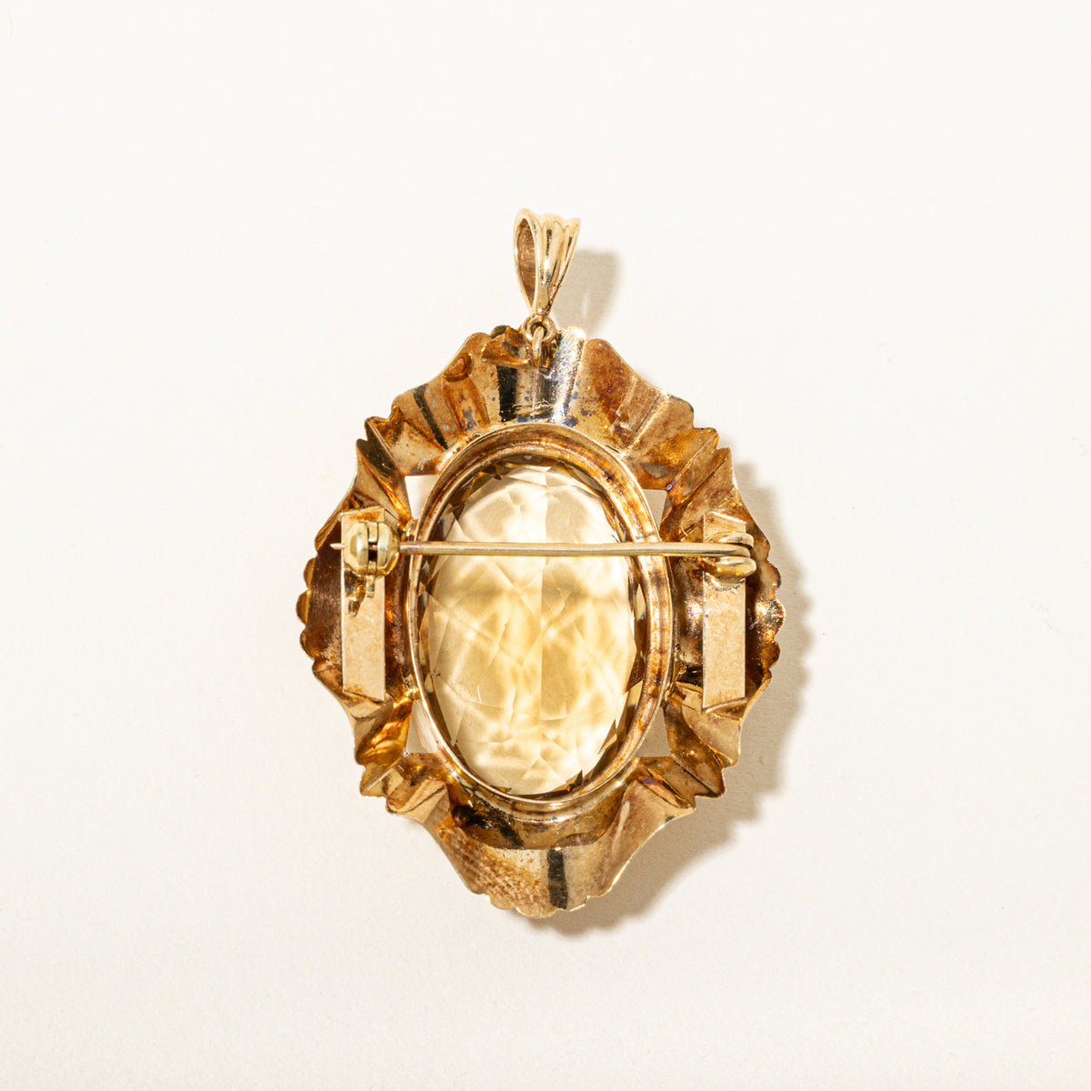 14k Solitaire Citrine & Pearl Engraved Ornate Brooch | 28.20ct