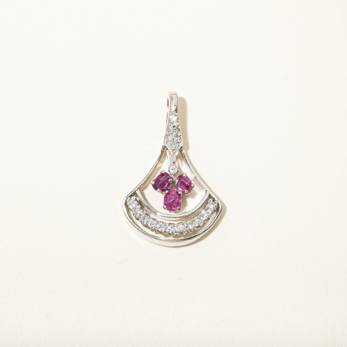 18k Three Stone Ruby & Diamond Openwork Geometric Pendant | 0.48ctw, 0.34ctw