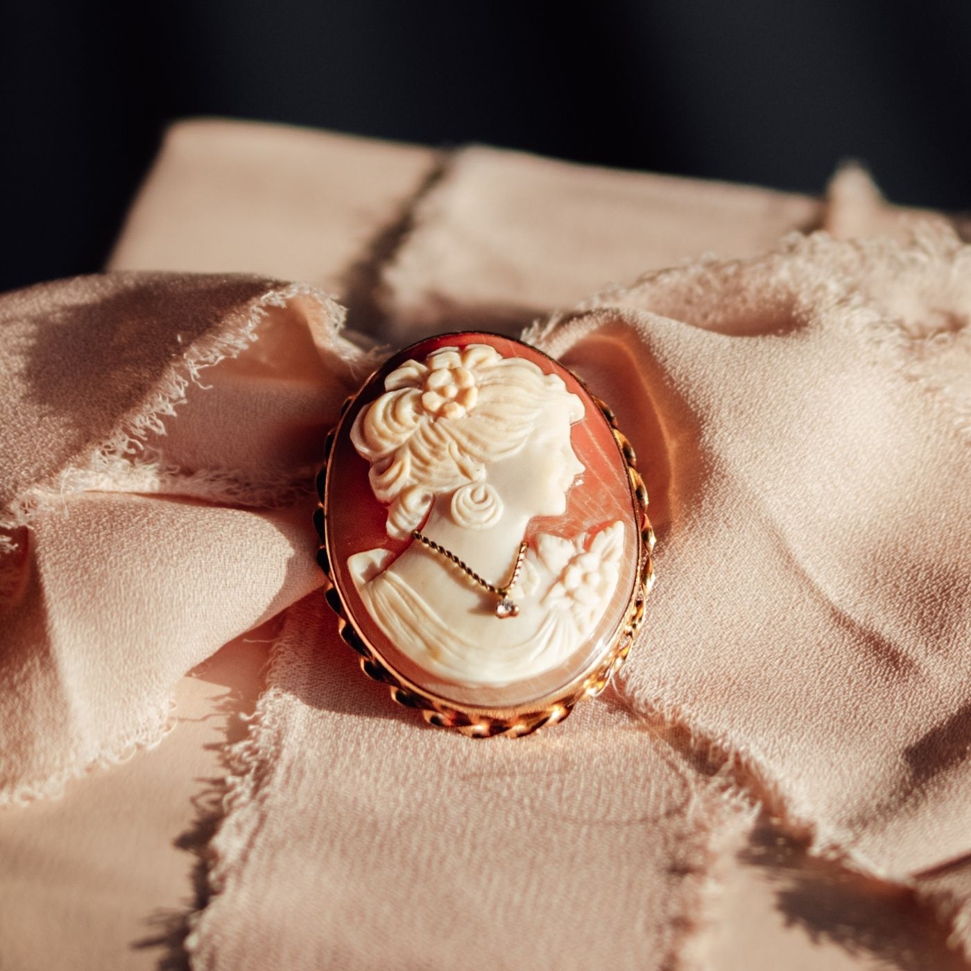 Vintage style cameo brooch of a portrait of a woman with a small white diamond necklace detail
