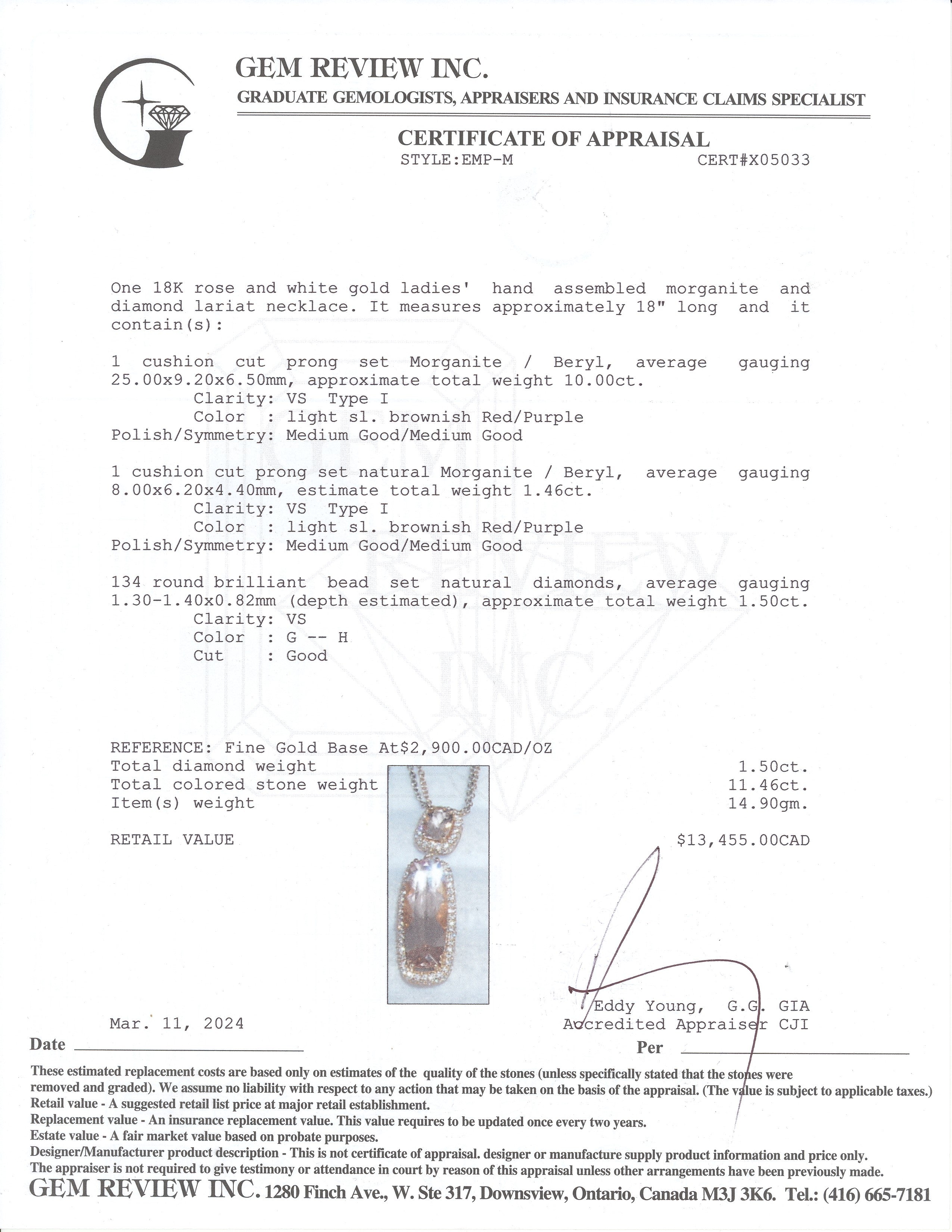Collier en or rose et blanc 18 carats, morganite et diamants | 11,46 ct au total, 1,50 ct au total | 45,7 cm (18 po) |