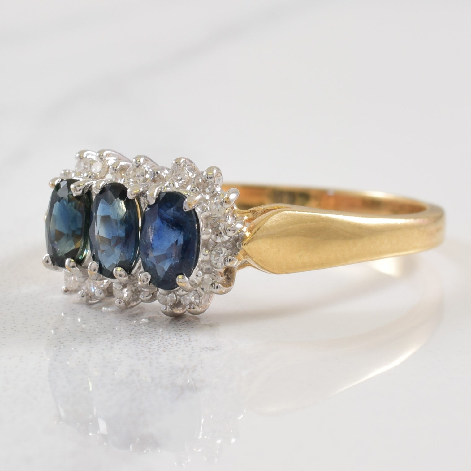 Three Stone Sapphire & Diamond Halo Ring | 0.75ctw, 0.10ctw | SZ 9.75 |