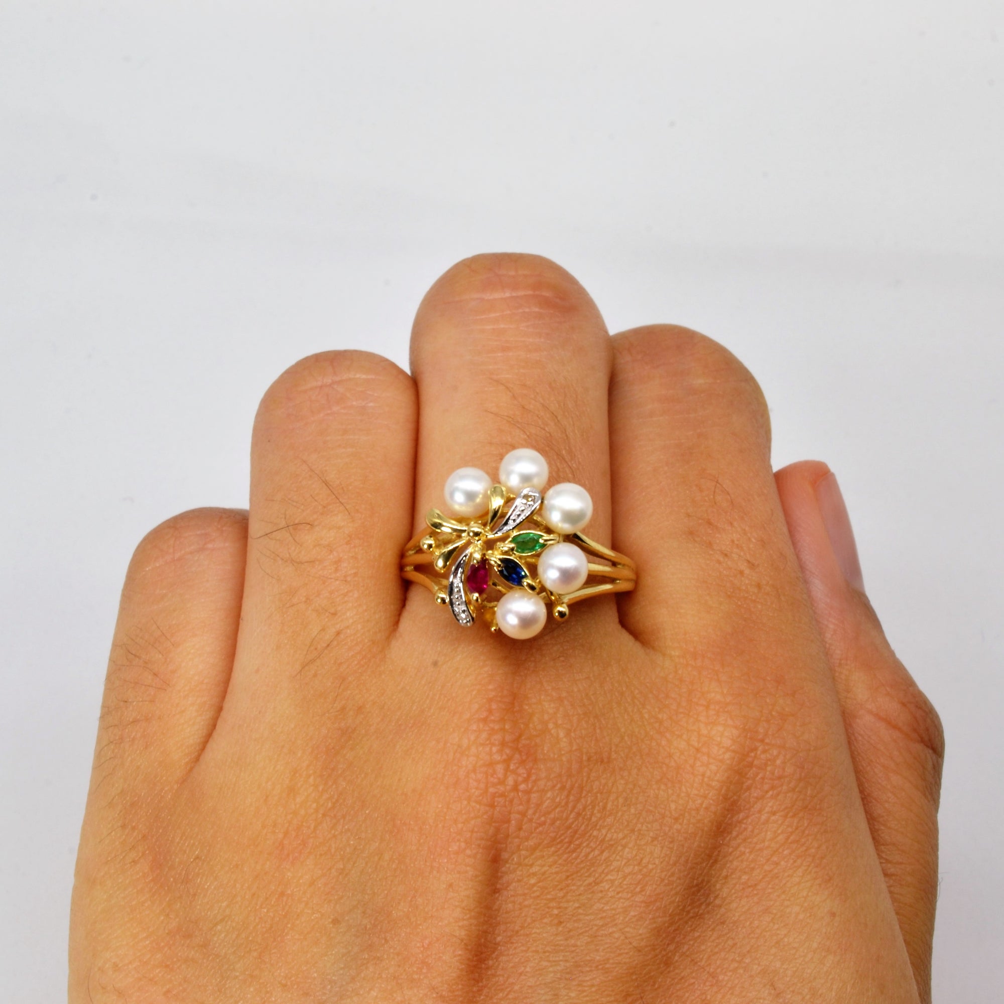 Prong Set Pearls & Multi-Gemstone Ring | SZ 9.75 |