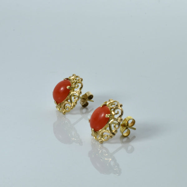 London 1978 Coral Filigree Stud Earrings | 1.50ctw |